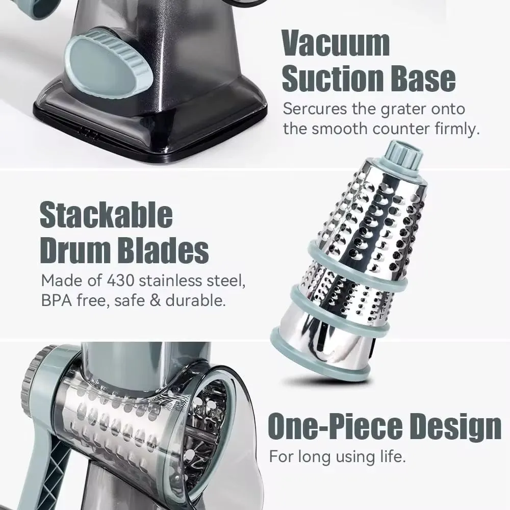 مبشرة جبن دوارة بمقبض 3 شفرات قابلة للتغيير - Rotary Cheese Grater with 3 Interchangeable Blades
