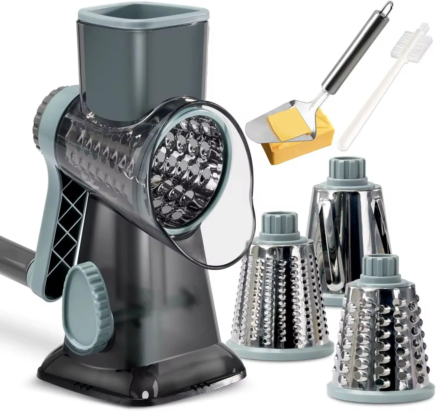 مبشرة جبن دوارة بمقبض 3 شفرات قابلة للتغيير - Rotary Cheese Grater with 3 Interchangeable Blades