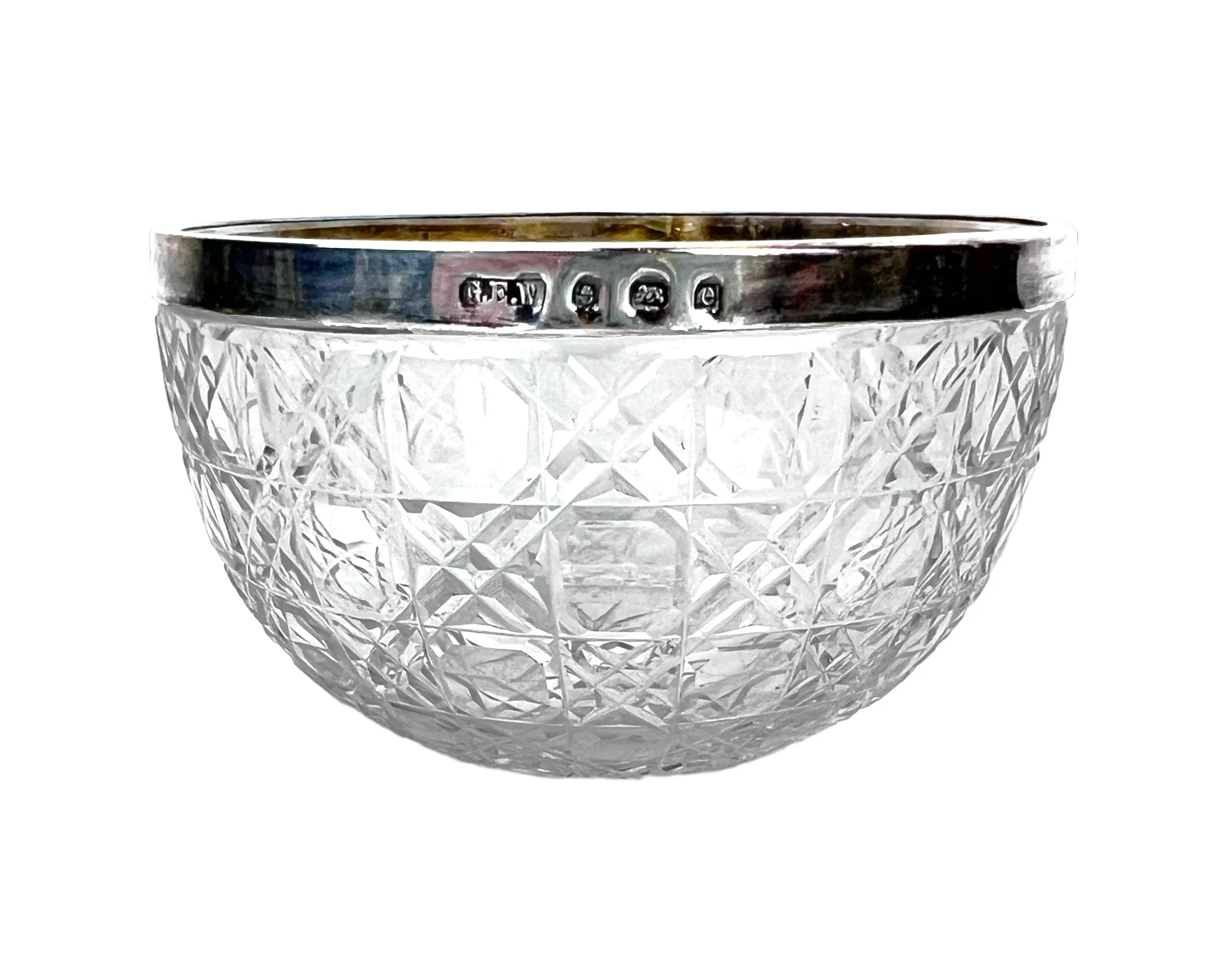 Antique 1904 English Cut Crystal Glass Bowl with Sterling Silver Rim 3.375