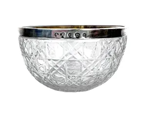 Antique 1904 English Cut Crystal Glass Bowl with Sterling Silver Rim 3.375
