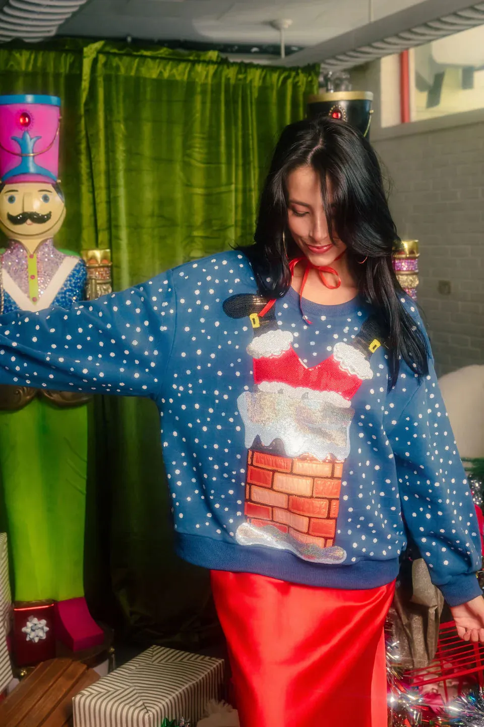 Queen Of Sparkles Blue Santa Stuck In Chimney Sweatshirt