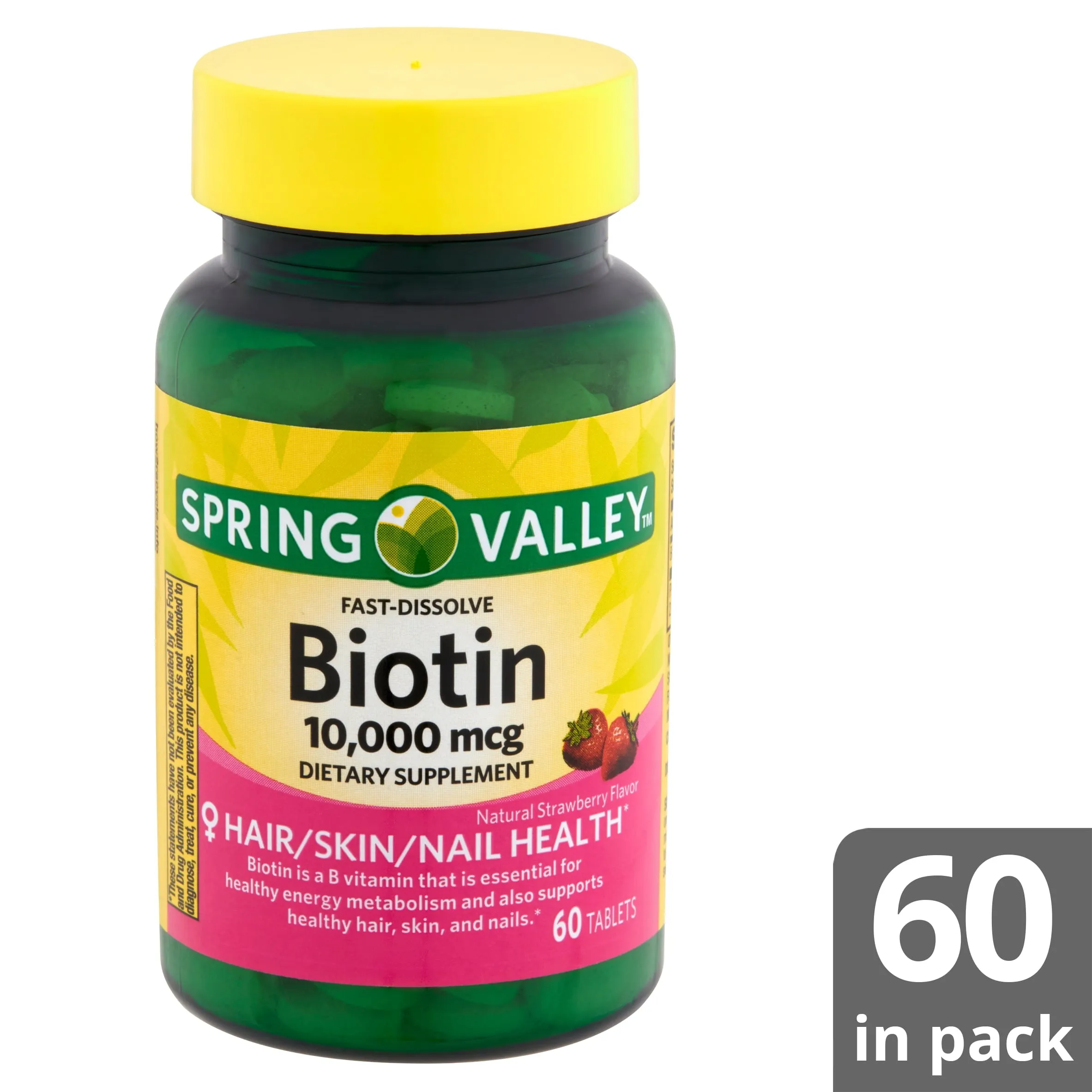 Spring Valley Fast-Dissolve Biotin Dietary Supplement, 10,000 mcg, 60 Count